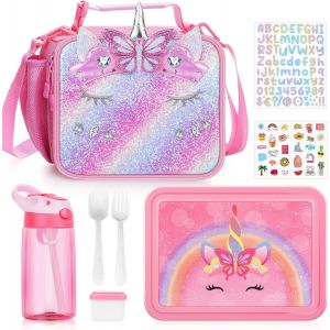 3pcs Lunch Box Enfant Set,Sac À Lunch Isolation Enfants, Bento Box Avec Compartiments Et Des Couverts, Bouteille D'eau,Sans Bpa Boîte À Repas Pour Fille/Bambin Préscolaire Et Maternelle (Licorne) - Neuf