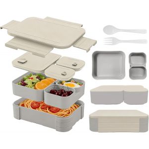 Kalanka-Lunch Box Bento 1760ml Pour Enfants &iquest; Bo&icirc;te Repas 3-En-1 Herm&eacute;tique, Sans Bpa, Apta Pour Micro-Ondes Et Lave-Vaisselle &iquest; Avec Couverts, Id&eacute;ale Pour &Eacute;cole Et Pique-Nique (Gris) - Neuf