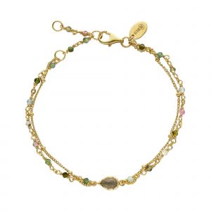 Bracelet Argent Doré Double Chaine Goutte Et Pierre Tourmaline - Neuf