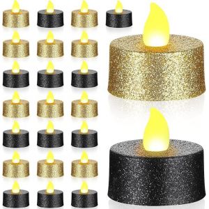 24 Pièces Bougies Chauffe-Plat Led À Paillettes Dorées Bougies Sans Flamme Noires Bougies Chauffe-Plat Votives À Piles Avec Lumière Jaune Chaude Pour Noël Mariage Centre Table Anniversaire - Neuf