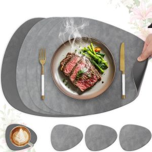 Eryi-Lot De 4 Sets De Table En Cuir Synthétique - Lavables Et Imperméables - Aspect Cuir Avec Dessous De Verre - Double Face - Antidérapants (Ovale, Gris + Gris Foncé) - Neuf