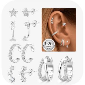 5 Paires Boucles D'oreilles Femme Argent 925 Plaquée Or 14k Créoles Argent Boucles D'oreilles Zircon Piercing Oreille Cartilage Boucles D'oreilles Femme Or Pour Piercings Multiples.[X866] - Neuf