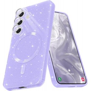 Sjzg-Coque Magn&eacute;tique Pour Samsung Galaxy S25 Etui &Agrave; Paillettes Brillant Compatible Avec Magsafe Charge Sans Fil Housse De Protection Antichoc Pour Appareil Photo Glitter Silicone Tpu Souple,Mauve - Neuf