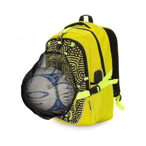 Sac &agrave; Dos Sport Enfant Jaune avec Filet Ballon et Casque Amovible, Cartable Scolaire 20L USB pour PC 15,6 Pouces Oxford - Neuf