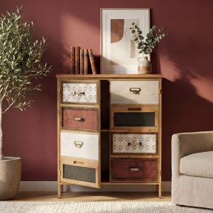 Commode de pharmacien HWC-O79, armoire haute avec compartiments de rangement, look vintage shabby 94x80x35cm, rouge/bleu - Neuf