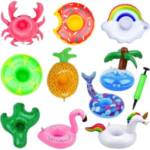 CAP-10pcs Porte-gobelets Gonflables pour Piscine, Flotteurs de Boissons Gonflables, Porte Verre Porte-Boisson Gonflable sous-Verres Flottant Piscine pour Plage Fête Soirées, avec 1 Pompe à Air - Neuf