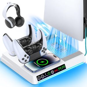 Support de Refroidissement PS5 Compatible PS5/PS5 Slim/PS5 Pro, Chargeur Manettes PS5 avec Charge sans Fil, Support PS5 avec Ventilateur 3 Vitesses et Lumi&egrave;re RVB, Station de Charge et Rangement - Neuf