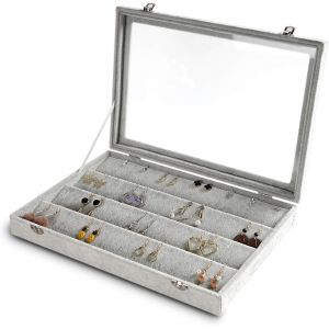 Plateau De Rangement Pour Boucles D'Oreilles Avec Couvercle Transparent, 64 Emplacements Pour Tiroir En Velours Avec Couvercle En Verre Transparent, Présentoir À Bijoux Avec Verrou, Cadeaux - Neuf