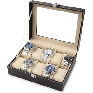 Kal-Boîte À Montres Pour Hommes, Boîte À Montres Avec 10 Compartiments, Rangement Pour Montres En Cuir, Boîte À Montres Avec Serrure À Clé Pour Collections De Bijoux, Organisateur, - Neuf