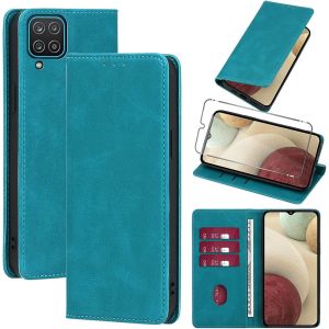 KAL-Coque Cuir Pour Samsung Galaxy A12/M12/A12 Nacho Avec 1 Verre Tremp&eacute; Etui &Agrave; Rabat En Pu Porte-Cartes Portefeuille Support Flip Housse Magn&eacute;tique Antichoc Anti-Rayures Case 6.5"",Bleu Clair - Neuf