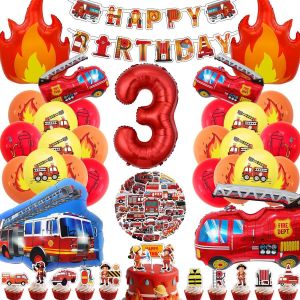 CAUC-Decoration Anniversaire Pompier 3 Ans, Kit Deco Fete Garcon, XXL Flamme Ballon Aluminium Rouge, D&eacute;co Fete Enfants Ballon Banni&egrave;re Decoration Gateau Autocollant (Anniversaire Pompier Enfants 3 An - Neuf