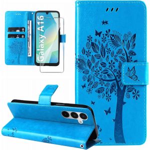 JGD-Coque pour Samsung Galaxy A16 4G/5G Etui Coque Portefeuille Cuir avec Verre Tremp&eacute; Motif Porte Carte &agrave; Rabat Clapet Protection Flip Case Housse Coque pour Samsung Galaxy A16 4G/5G-Bleu - Neuf