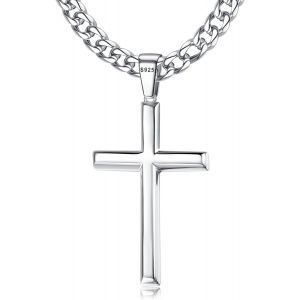 Trahoo-Collier Pendentif De Croix En Argent 925 Pour Homme Femme Avec Chaîne Figaro/Cubain En Acier Inoxydable De 5 Mm Taillée En Diamant Collier Croix 46-76 Centimètres - Neuf