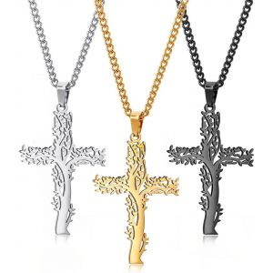 Kales-3 Piezas Collier Homme Croix Chrétienne Acier Inoxydable Arbre De Vie Doré Argenté Noir Élégant Pendentif Pour Toutes Occasions - Neuf