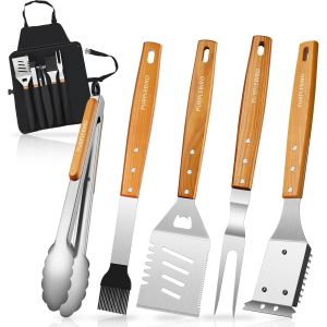 Ulteronixshop-Couverts de Barbecue 5 pcs en Acier Inoxydable et Manche en Bois, Accessoires de Grill avec spatule de BBQ 4 en 1, Pinces de BBQ, Fourchette de BBQ, Brosse &agrave; Huile de BBQ et Brosse de B - Neuf