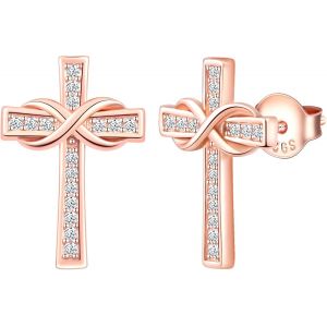Kal-Boucles D'oreilles Femme Fille, Boucle D'oreille En Argent 925, Boucle D'oreille Croix Et Symbole D'infini, Zircon Incrust&eacute;, Boucle D'oreille Croix, Fantaisie, Argent, Or Rose, Or - Neuf