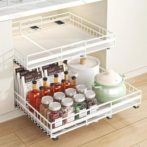 2 Pack Organisateur De L'armoire De Tirage Extensible,Organisateur De L'armoire &Agrave; Glissement T&eacute;lescopique Pour Cuisine,Organisateur D'armoire De Largeur R&eacute;glable (Blanc) - Neuf