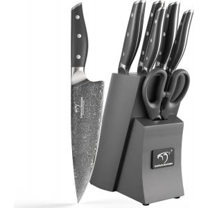 Mevronisshop-Set De Couteaux De Cuisine Damas 7 Pièces Avec Bloc, Manche Abs Antidérapant, Set De Couteaux En Acier Inoxydable Ultra Tranchant Avec Bloc, Couteau De Chef, Couteau À Pain - Neuf