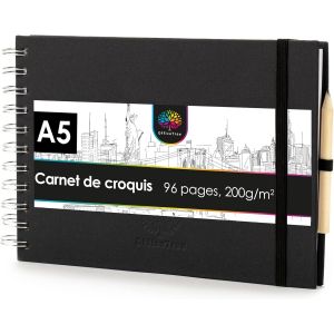 Jexnovashop-Carnet De Croquis A5 &Agrave; Reliure Spirale - Format Paysage - 96 Pages 48 Feuilles - Carnet D'esquisses A4 200 G - Papier Blanc Vierge - Livret De Croquis Aquarelle - Crayon Inclus - Neuf