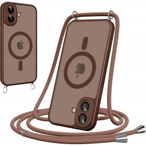 Maa-Coque Magnétique Pour Iphone 16 Plus Avec Cordon, [Compatible Avec Magsafe] Etui Translucide Mat Arrière Anti-Jaunissement Antichoc Réglable Portable Lanyard Case Protection, Brun - Neuf