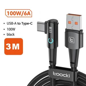 Toocki 6a Usb C C&acirc;ble 90 Degr&eacute;s Pour Oppo 100w Cordon De Charge Rapide Pour L'honneur Huawei Oneplus Realme Chargeur Donn&eacute;es Fil--A- C Black 3m - Neuf