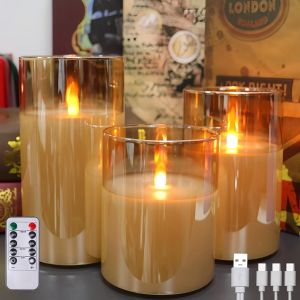 SJZG-Bougies Led Sans Flamme T&eacute;l&eacute;command&eacute;es, Rechargeables, Bougies Piliers En Verre Avec T&eacute;l&eacute;commande Et Fonction Minuterie, Flamme Saute Pour F&ecirc;tes, Mariages (Autonomie 200 H) (Or) - Neuf