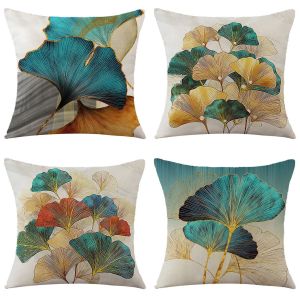 Lot De 4 Housses De Coussin 45x45 En Lin Turquoise Et Doré, Coussins Décoratifs Pour Canapé, Housses De Coussin Décoratives Modernes En Ginkgo Doré - Neuf