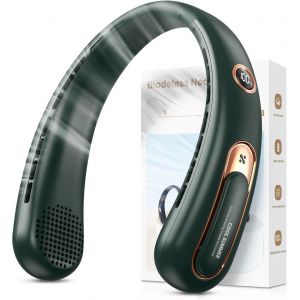 Ventilateur de Cou Portable, Ventilateur USB Rechargeable 4000mAh Max 15H, Ventilateur Silencieux sans Pale, 3 Vitesses et Affichage LED, Petit Ventilo Puissant 360°, pour Bureau Sport Voyage Camping - Neuf