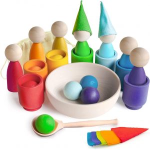 ChenQuanSarl-Arc En Ciel Poup&eacute;es Cheville Et Balles Dans Des Tasses Jeux Montessori 3 Ans + Jouet En Bois Pour Apprentis Du Comptage Et De Tri Couleur 7 Peg Dolls - Neuf