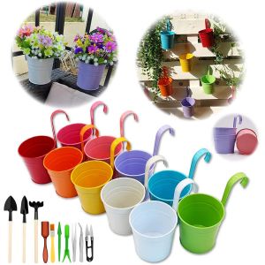 ERYI-Ensemble De 10 Pots De Fleurs En Métal Vase Suspendu Panier À Planter Avec Des Outils De Jardin, Crochet Détachable, Sans Trou De Drainage, Clôture De Jardin Balcon Décoration(17X 10.2X 8Cm) - Neuf