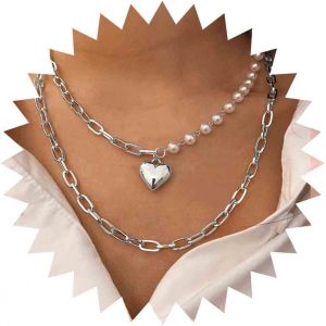 Kal-Boho Layered Pearl Choker Collier Cha&icirc;ne Vintage Argent Pendentif Coeur Cubain Cha&icirc;ne Collier Rock Perle Coeur Collier Asym&eacute;trique Perle Strand Collier Bijoux Pour Femmes Et Filles(Argent) - Neuf
