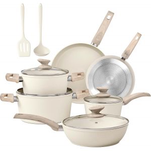 Subzonal-Lot De Casseroles Et Po&ecirc;les Avec Rev&ecirc;tement Anti-Adh&eacute;sif Avec Couvercle Verre, Casserole Et Po&ecirc;le Pour Induction, Set De Casserole Et Poele En Granit (12 Pi&egrave;ces, Blanc Cass&eacute;) - Neuf