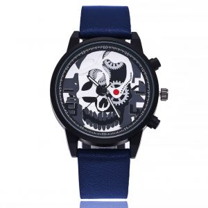 Montre A Quartz Vansvar Pour Homme, Cadran Rond, En Cuir Synthetique, Motif Tete De Mort Creuse (Bleu) - Neuf