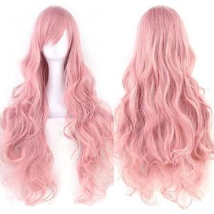 Kalanka-80cm Longue Perruque De Cosplay De Cheveux Naturels Boucl&eacute;s Avec Une Frange Color&eacute;e Halloween Costume Party Perruques Pour Les Femmes (Pink) - Neuf