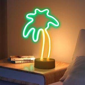 Coconut Palm Tree N&eacute;on Signs Lampe De Nuit N&eacute;on Avec Support De Base Led N&eacute;on Signe Batterie Ou Lampe De Nuit Rechargeable Par Usb Palm Fluo Pour Chambre Chambre &Agrave; Coucher - Neuf