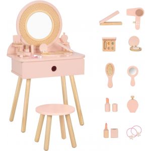 SUBZONAL-Set de Maquillage pour Enfants, Set de Maquillage avec Table et Chaise et Miroir (inclut 15 Accessoires, Rose) - Neuf