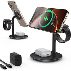 CHECARZHN--NO1-Station De Charge À Induction, Chargeur De Station De Charge Sans Fil Trois En Un, Compatible Avec Le Chargeur Mag Safe, Convient Pour Iphone 16 15 14 13 12, Iwatch S10/9/8/7/6/5/4-Noir - Neuf