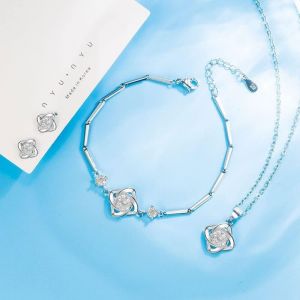 Femme Mariage Parure De Bijoux Argent Trèfle À Quatre Feuilles Pendentif Collier Boucles D'oreilles Bracelet Ensemble Avec Cristal Ensemble De Bijoux Zirocon Cubique Pour Filles Mariée - Neuf