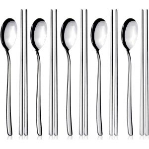 Kalanka-Lot De 5 Paires De Baguettes Et De Cuill&egrave;res En Acier Inoxydable Cor&eacute;en R&eacute;utilisables Pour La Maison, La Cuisine Ou Le Restaurant - Neuf