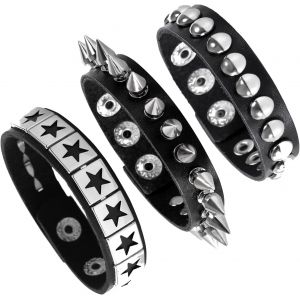 Kal-1-4pcs Bracelet Punk Clouté Bracelet Large En Cuir De Motard Rock N' Roll Pour Hommes Et Femmes - Neuf