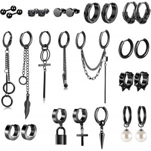 Tianyi-Boucles A'oreilles En Acier Homme Femme Inoxydable, Petit Ensemble De Boucles D'oreilles Créoles Noires, Boucles D'oreilles À Chaîne Croisée, Piercing Oreille (26/46 Pièces) - Neuf