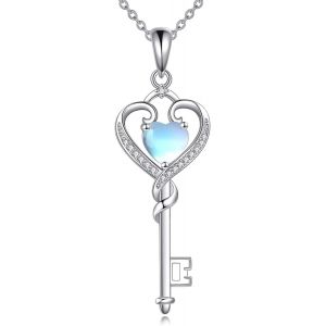 Collier Avec Pendentif Clé En Forme De Coeur En Argent Sterling S925,Bijoux Cadeaux Pour Femme,Pendentif En Forme De Coeur Avec Pierre De Lune,Normal,Argent Sterling,Pierre De Lune - Neuf