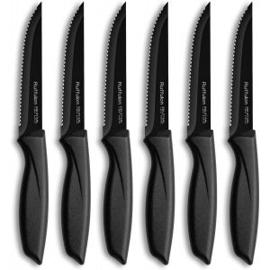 Mevronisshop-Couteaux &Agrave; Steak,Set De 6 Couteaux &Agrave; Steak,Couteaux De Table Noirs,Couteau De Cuisine Dentel&eacute; En Acier Inoxydable Avec Manche Ergonomique,Couteau &Agrave; Viande,Lavable Au Lave-Vaisselle - Neuf
