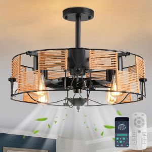 Subzonal-Ventilateurs De Plafond Avec Lumi&egrave;res Style Industriel Ferme 49cm Lustres Boho Rotin En Cage Lampe Suspendu Pendentif E27 Avec T&eacute;l&eacute;commande Noir 4 Lumi&egrave;res - Neuf