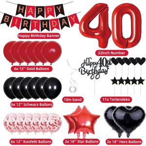 Tianyi-Décorations D'anniversaire 40 Ans Pour Homme Et Femme - Cadeau Pour 40e Anniversaire - Décoration De Gâteau - Bannière Happy Birthday - Rouge Et Noir - Kit De Décoration De 40 Ans - Chiffre 40 - Neuf