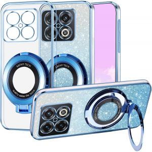 SJZG-Couqe Magn&eacute;tique Pour Oneplus 10 Pro 5G [Compatible Avec Magsafe] Avec Anneau Support, Housse Etui De Protection Antichoc En Silicone, Transparente Paillettes 2 En 1 S&eacute;parable Case (Bleu) - Neuf