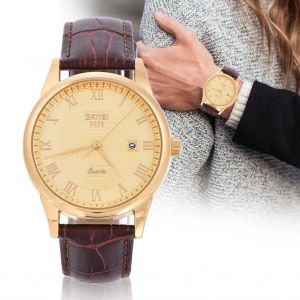 Quartz Analogique Rond Amoureux Montre Bracelet En Cuir Montre-Bracelet (Cadran Doré Café Bracelet Mâle) - Neuf