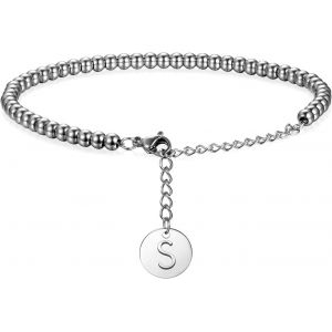 Kal-Bracelet Perl&eacute; Pour Homme Femme, Cha&icirc;ne De Main R&eacute;glable De Perles Acier Inoxydable Poli Pendentif Rond 26 Lettres Alphabet Couleur Argent Classique Fantaisie Cadeaux Anniversaire No&euml;l - Neuf