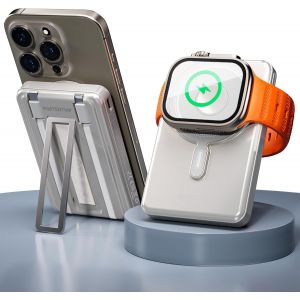 KALANKA-Batterie Externe MagSafe Powerbank 5 en 1 avec Support Pliable &iquest; 10000 mAh c&acirc;bles int&eacute;gr&eacute;s Lightning + USB-C &iquest; Charge Rapide 20 W PD/QC et sans Fil Qi 15 W &iquest; Compatible Chargeur Apple Watch - Neuf