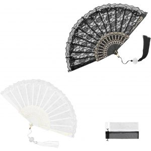 Kalanka-2 Pièces Eventail Chic Avec Pompon, Evantaille Pliable Noir Et Blanc, Fleur Ventilateur Avec Pendentif, Pour Bals, Fêtes, Séminaires, Mariages - Neuf